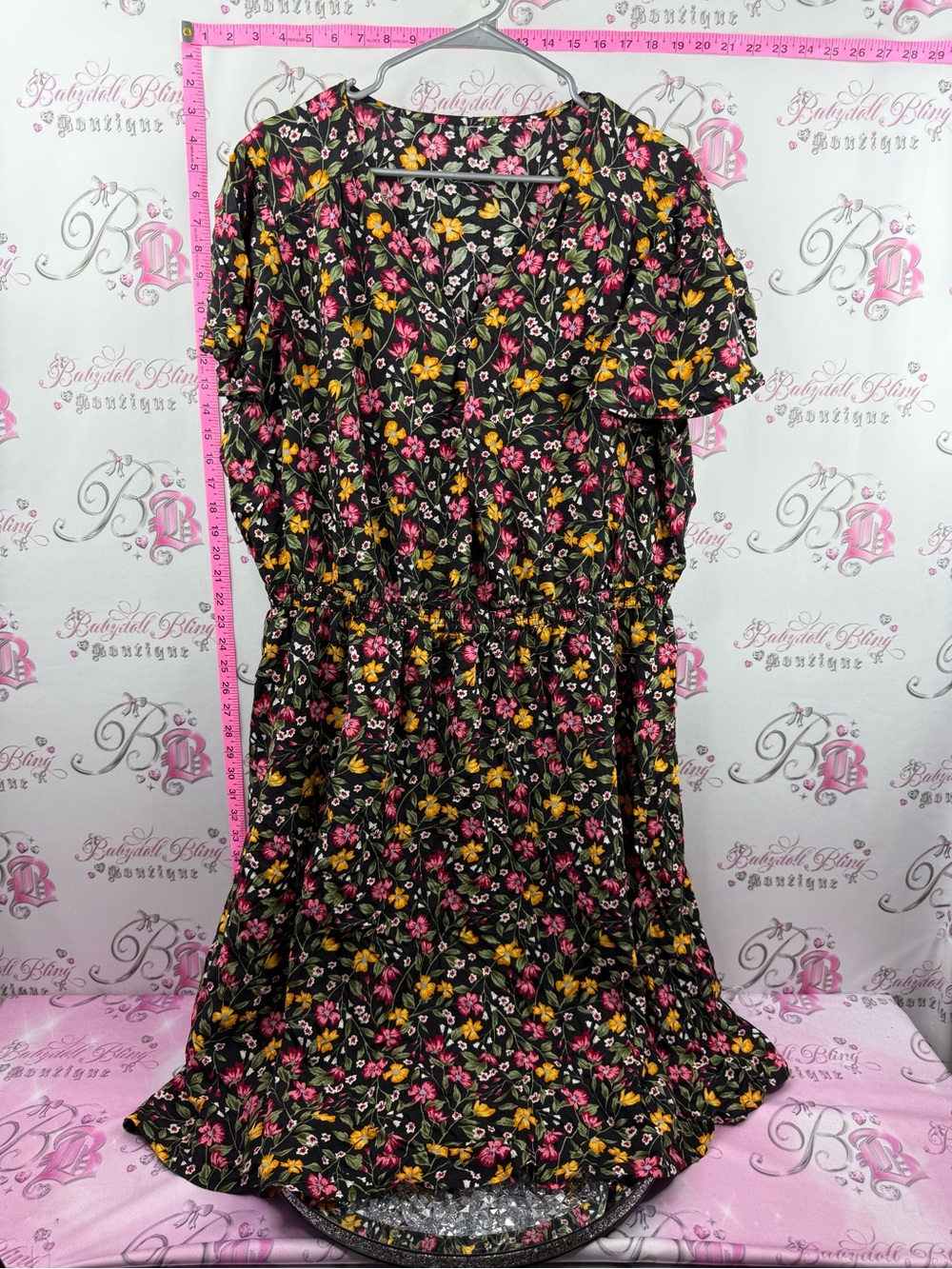 Dress long style flowers Black Floral Ruffle Dress with Pink & Yellow Blossoms